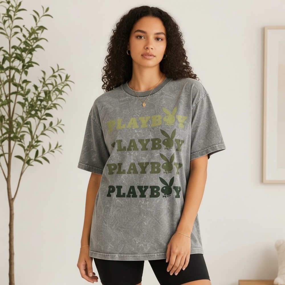 Playboy Gray Mineral Wash Stacked Logo Graphic Tee Size S